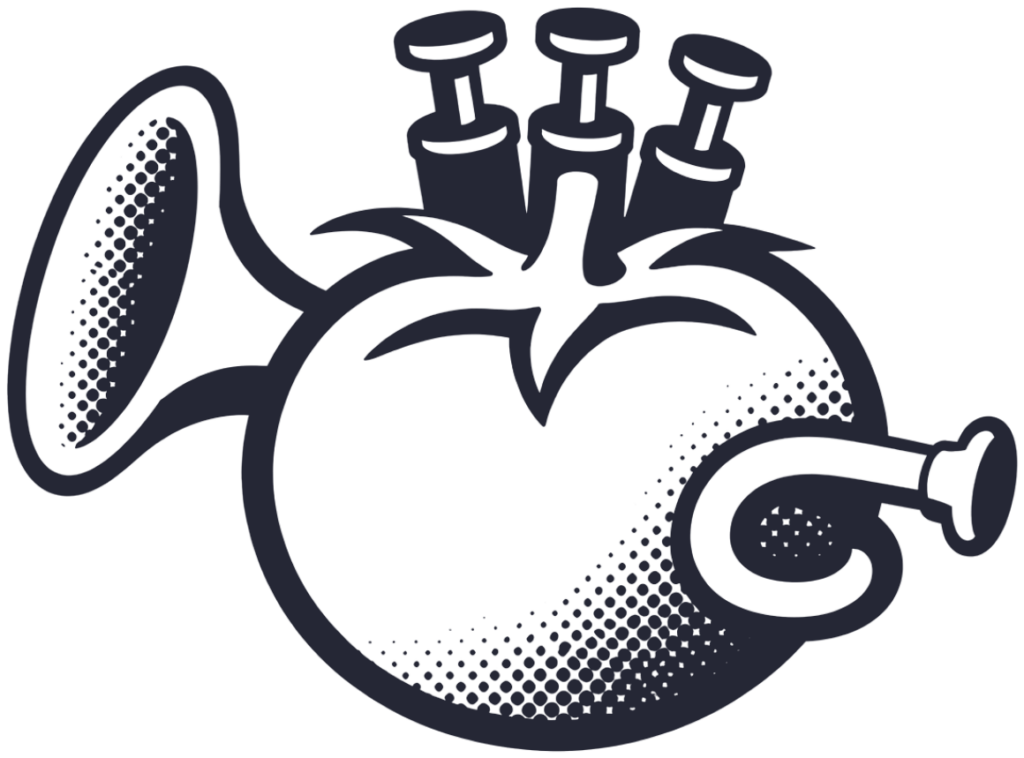 Logo von D’Gata Brass Week: eine Tomate mit Trompetenventilen und Schallbecher